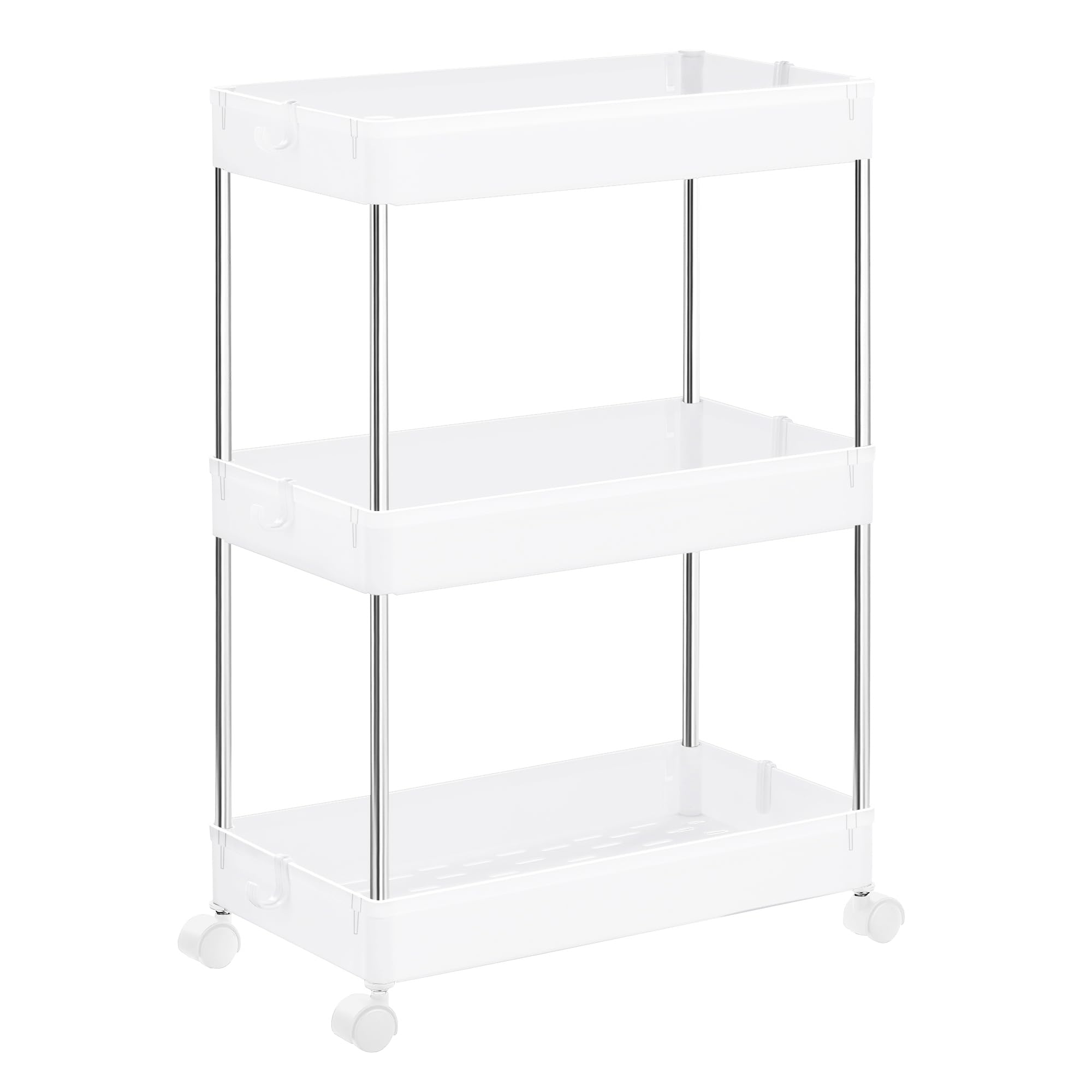 SONGMICS Slim Storage Cart, 3-Tier Rolling Cart, Narrow Utility Cart on Wheels, 6 Hooks, 360° Swivel Wheels, Lockable, Steel Frame, Bathroom, Kitchen, Office, Cloud White UKSC009W01