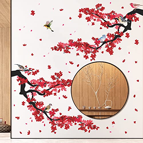 3D Red Plum Branch Wall Sticker Creative Flower Birds Frolic Pastoral Style Wall Decals Removable Peel And Stick For Kids Girls Bedroom Living Room Office Tv Background Classroom Art Wall Decor (A) #TOP2