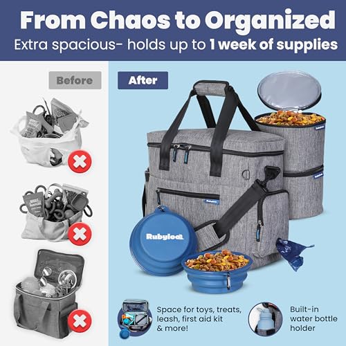 Image of The Original Doggy Bag - Complete Dog Travel Bag for Supplies with 2 BPA-Free Travel Dog Bowls & 2 Pet Food Containers - Traveling Kit for Road Trips, Camping, Weekend Away or Doggy Gift: Grey