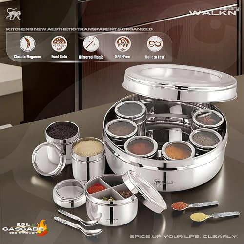 Image of WALKN 12 in 1 See Through Stainless Steel Masala box for Kitchen | Spice Box | Spice Organiser | Masala Daani | Masala Dabba with 9 Containers and Small Spoons | 2.5L