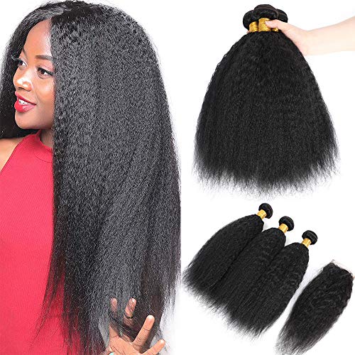 10A Virgin Brazilian Kinky Straight Hair Bundles with Closure Yaki Straight Hair Weave Unprocessed Brazilian Virgin Huma