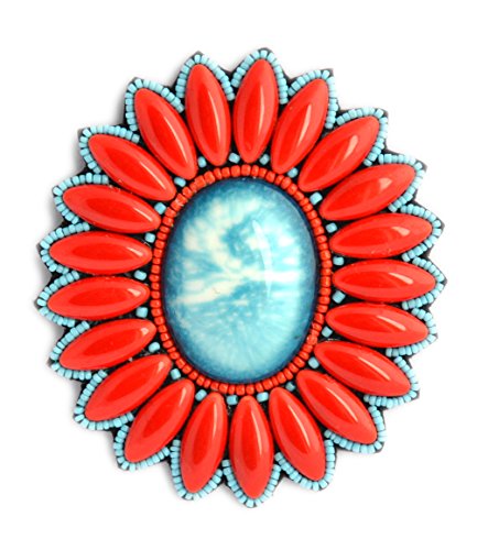 Broche fleur ovale rouge turquoise bijou fantaisie porcelaine femme