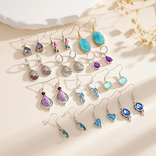 12 Pairs Dangle Earrings for Women Trendy Sterling Silver Earring Set Vintage Boho Jewelry Colorful Teardrop Druse Crystal Drop Dangle Hypoallergenic Earrings for Christmas Birthday Gifts