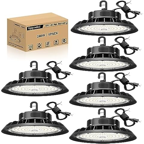 JC-LGL UFO LED High Bay Light 240W 6 Pack, High Bay LED Shop Light 36,000LM 0-10V Dimmable, 5' Cable with US Plug, Hanging Hook, Safe Rope, ETL Listed High Bay for Warehouse Factory Barn Shop Cover