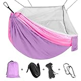 Hamac avec moustiquaire, Hamac Ultra-léger de Voyage Camping Nylon à Parachute pour Randonnée Pédestre Jardin Voyage Hamacs 110'(L) x 59'(W) (Blue) (Purple/Pink)