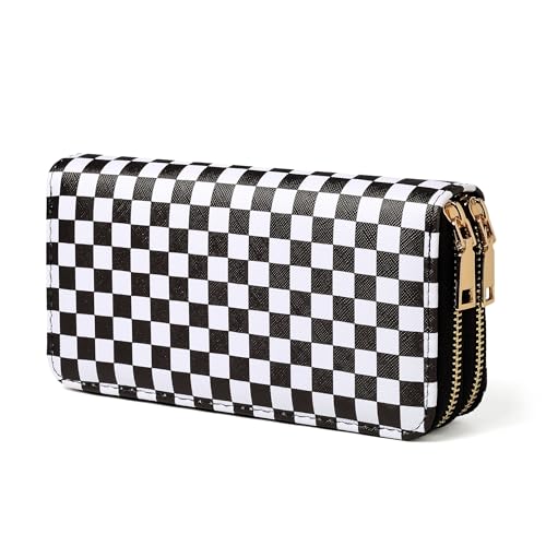 Checkered Wallets for Women Cute Large Capacity Black White Plaid Purse 2 Zippers Credit Card Holder (checkered)