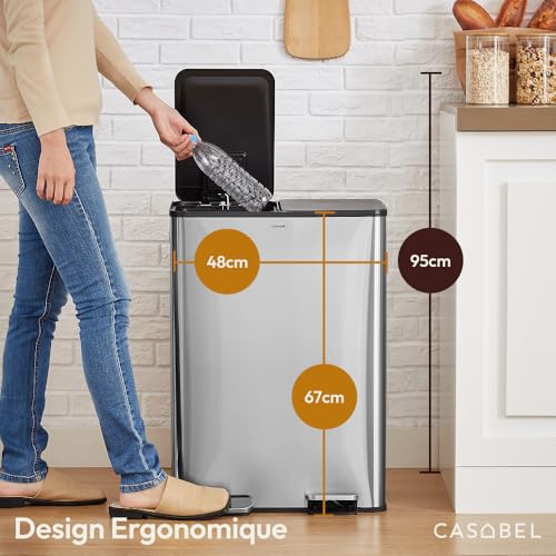 CASABEL Poubelle Cuisine Double 2x30L en Acier Inoxydable, Chrome – vue 4