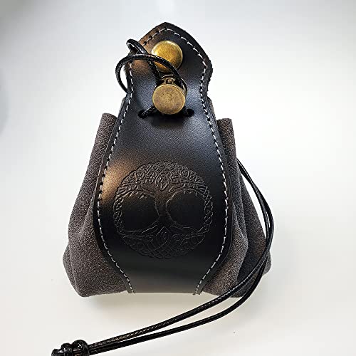 Image of Black & Gray Celtic Tree DND Gifts Dice Bag - Tray with Drawstring & Button Genuine Leather Dice Pouch Storage Bag for d&d Dices Jewelry Coin & Small Accessories