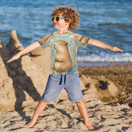 Boys Short Sleeve T-Shirts Capybara Bird Daisy Rashguard Kids Swim Shirts Sun UPF 50+4