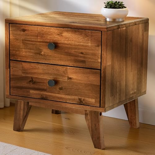 Image of Acacia Silvia Nightstand with 2 Drawers, Solid Wood Bedside Table, Table with Storage Drawers for Bedroom, Bedside End Table with Drawer and Storage Space, Chocolate