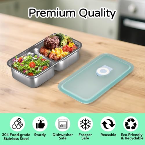 Image of Sinbyuer Stainless Steel Snack Containers, 2 Compartment Bento Box with Lids - Reusable, Leakproof, for Snacks Dips Travel and Outdoor Camping (1)