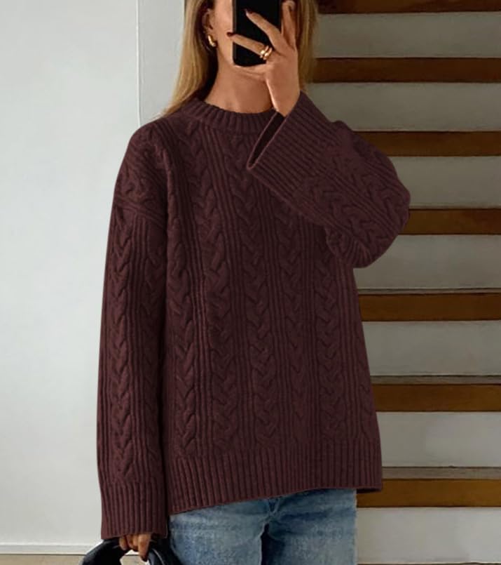 Okiwam Women's Oversized Sweaters Crewneck Cable Knit Pullover Casual Loose Fall Outfits Fashion Clothes 2025