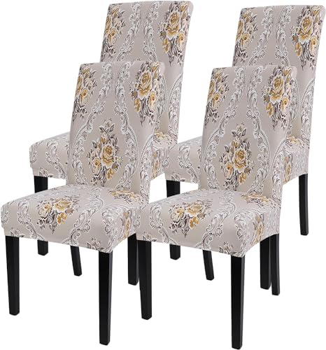 Image of Styleys Elastic Chair Cover Stretch Removable Washable Short Dining Chair Cover Protector Seat Slipcover (Set of 4, Beige Iris, SD3044)