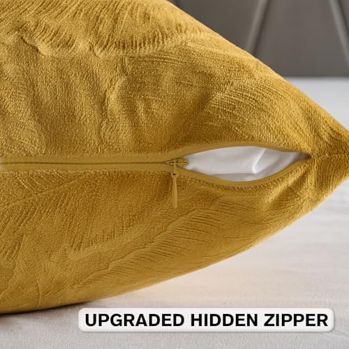 Image of FUTEI Pack of 2 Velvet Throw Pillow Covers 24x24 Inch Soft Embossed Leaf-Relief Textured Decorative European Cushion Cases Modern Natural Farmhouse Accent for Couch Bed Living Room, Golden Yellow