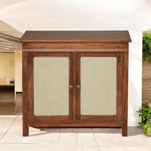 Image of APRODZ 2 Door Cabinet with Wicker Front 2 Shelves | Mango Wood Storage Organizer | Rustic Durable Stylish Wooden Furniture | Compact Design Home Decor (Brown)