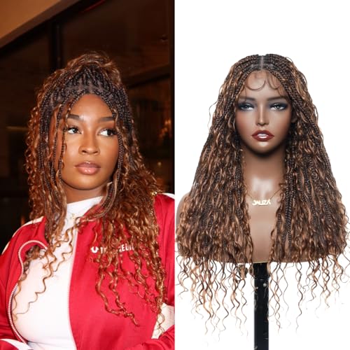 JALIZA Coco Glueless Human Hair Boho Curls Box Braided Wig – 24 Inch Pre Cut Real Swiss HD Lace Lightweight Full-Lace-to-Go Wig for Black Women 100 Strands - Ombre Brown 1B/30