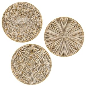 Set of 3 Rustic Floral Round Metal Wall Art – Intricate 3D Design with Sturdy Hooks, Gold and Beige Decorative Plates (11.8″ Diameter)