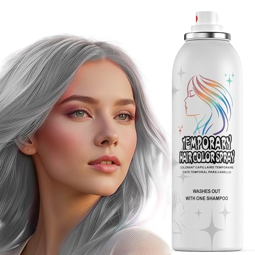 Pulverizador temporário de cor para o cabelo, 150 ml, cinzento prateado instantâneo, para adultos e crianças, lavável e não adesivo, fórmula suave, cinza, Halloween, cosplay, festa de fantasia, festas