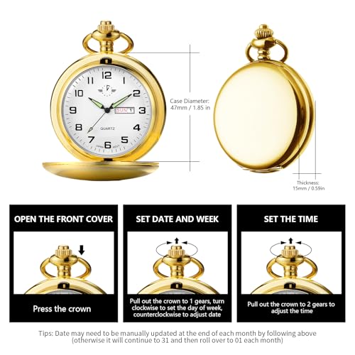Image of BOSHIYA Smooth Quartz Pocket Watches for Men Classic Arabic Digital Luminous Dial & Day Date Pocket Watch with Chain Christmas Graduation Birthday Gifts