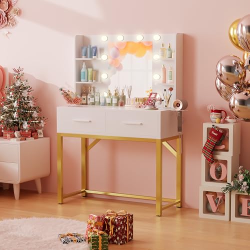 Image of Furmax Vanity Desk with Mirror and Light Bulb, Small Makeup Vanity Table with Drawers, Dressing Table with Power Outlet and Hair Dryer Holder for Bedroom (White & Gold)