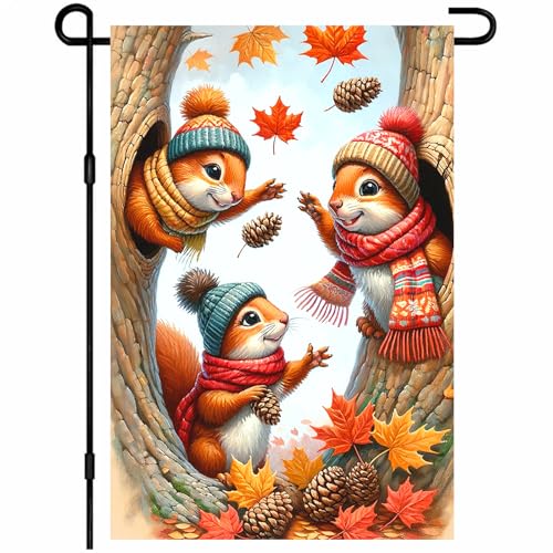 Image of BlissYard Fall Garden Flag 12x18 Inch Squirrel Pinecones Autumn Yard Decor | Double sided polyester, autumn harvest design, cozy woodland decor for Thanksgiving porch and yard