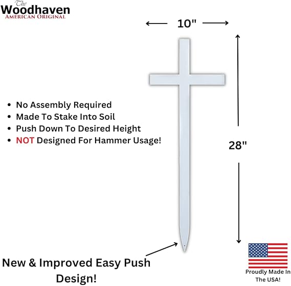 Woodhaven Memorial Cross - Steel Grave Marker 28 x 10 Inch - Perfect For Outdoor And Memorial Sites - White Powder Coat Finish - Headstone Replacement - Made In The USA