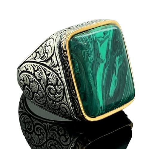 Malachite Gemstone Ring, Men Handmade Ring, Turkısh Handmade Ring, Embroidered Ring, Ottoman Jewelry #TOP9