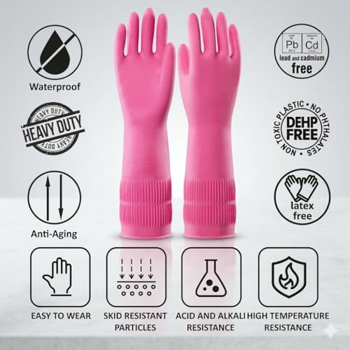 Image of Pink Multipurpose Waterproof Rubber Gloves for Kitchen, Dishwashing & Gardening - Reusable, Non-Slip, Latex-Free Scrubbing Gloves for Household Cleaning, Pet Care & Painting- 15 INCH. (5 PAIR)
