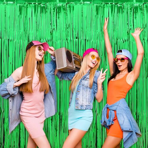 Image of 3 Pack Green Foil Fringe Curtains Backdrop, 3.28 x 9.8 Ft Metallic Streamers Tinsel Curtains Background for Photo Booth, Birthday, Halloween, Christmas, Thanksgiving, New Year Party Decorations