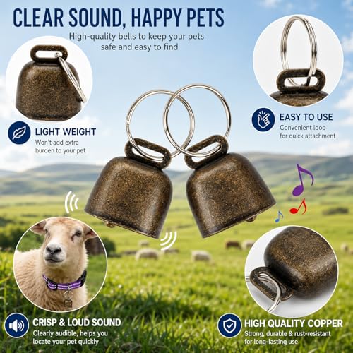 Image of 5 Pack Reflective Goat Collars with Bells, Adjustable Nylon Collar Set and Horse Sheep Grazing Copper Bells Pet Anti-Lost Loud Bronze Bell for Small Farm Animal Goat Sheep Cow Accessories