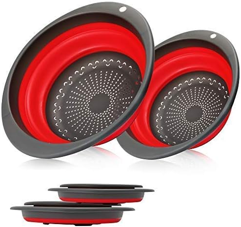 2 Collapsible Set - Collapsible Colander, Learja Upgrade Food-Grade Silicone kitchen Strainer Space-Saver Folding Strainer Colander, Sizes 8 inches - 2 Quart, and 10 inches - 4 quart. (Red set)