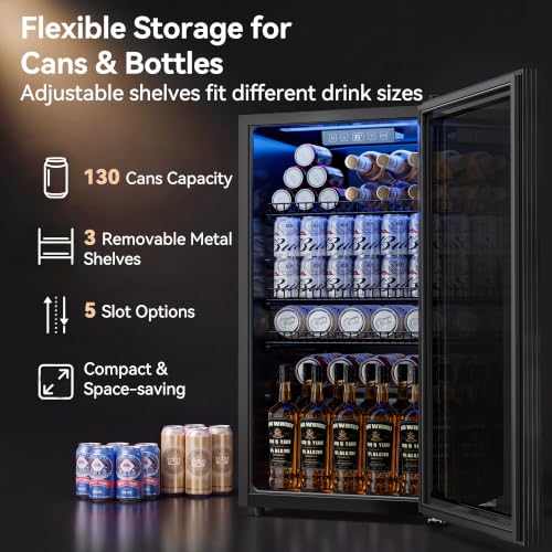 Image of Tehanld Beverage Fridge, 130 Can Mini Fridge With Glass Door, Beverage Cooler Refrigerator, Wine Drink Beer Cooler, Adjustable Shelves & Digital Temperature Display