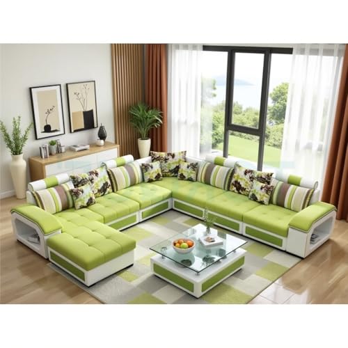 Image of Silvester 12 Seater Sofa Set for Living Room (Green-White) | Interchangeable U Shape Sectional Sofa | Solid Wood Frame & High-Density Supersoft Foam | Includes Puffy & Stool | Modern Home Furniture