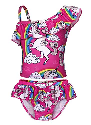 COTRIO Rainbow Unicorn Bikini Girls Kids Two-Pieces Ruffle Bathing Suit Hawaiian Beach Swimwear Swimming Suit Tankini Swimsuit (5-6 Years, Hot Pink, 130)