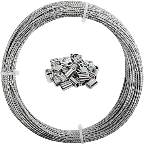 Monkemon Wire Rope, 1/16 Wire Rope, 304 Stainless Steel Cable, Aircraft Cable, Steel Wire, 200FT with 100Pcs Crimping Sleeves, Clothes Line Wires, Trellis Wire, 7x7 368lbs Breaking Strength