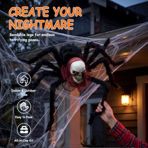 Halloween 55sqft Glow Cobweb 30in Giant Hairy Spider with 20 Small spiders | Hairy Black Spider Spooky Set Giant Scary Fake Haunted House Prop for Yard Lawn Party, Indoor Outdoor Halloween Decor - image 4