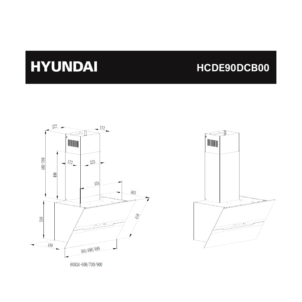 Hyundai Campana Extractora Inclinada 90cm, Cristal Negro, HCDE90DCB00. Potencia 831m3/h, 3 Velocidades, 2 Filtros, 64 dB Nivel Sonoro, Control Táctil, Filtro apto para Lavavajillas