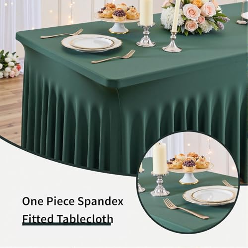 Image of Outpain 8ft Spandex Table Cloth for Standard Folding Tables-4Pack Hunter Green Table Cloth Table Protector for Party, Wedding, Cocktail, Banquet, Festival