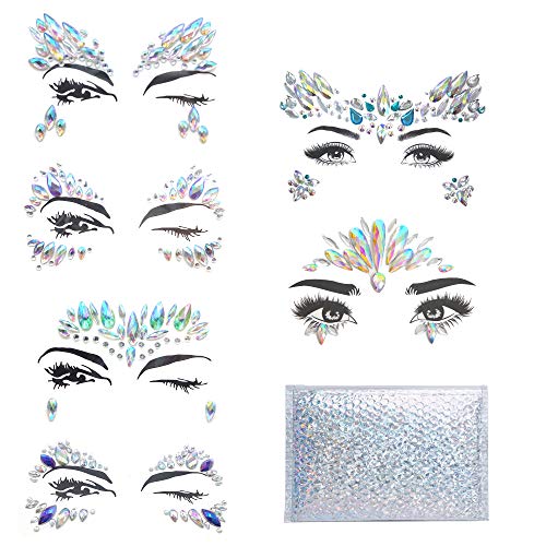 Face jewels Stick On - Festival Silver Face Gems Stickers - Self Adhesive Jewel Rhinestones - 6 Sets Different Holographic Shapes + Fashion Holographic Bag Included