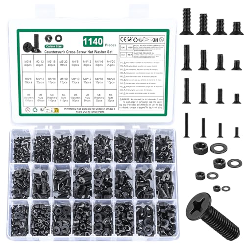 Juego de 1140 tornillos M3, M4, M5 y M6, tornillos de cabeza avellanada, juego de tuercas, tornillos de cabeza plana y tuercas, surtido de tornillos de máquina con arandelas (negro, M3 M4 M5 M6)