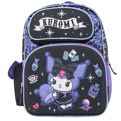 AI ACCESSORY INNOVATIONS Sanrios Hello Kitty Backpack for Girls 16 Inch Kuromi Kawaii School Bag with Flip Sequins & 3D Molded Front Pocket Black