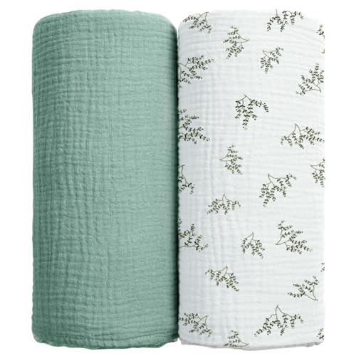 Image of lulumoon Baby Muslin Swaddle Blankets: Soft Receiving Blanket for Newborn - Cotton Swaddling Blanket for Neutral 2Pack(Leaf Summer)
