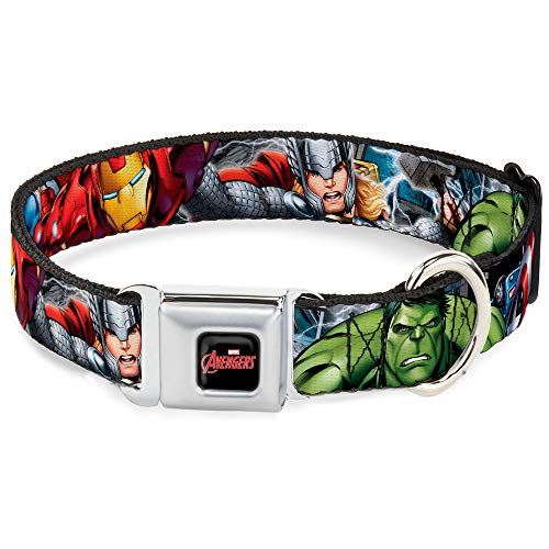 Buckle-Down Seatbelt Buckle Dog Collar - Marvel Avengers 4-Superhero Poses Close-Up - 1" Wide - Fits 11-17" Neck - Medium