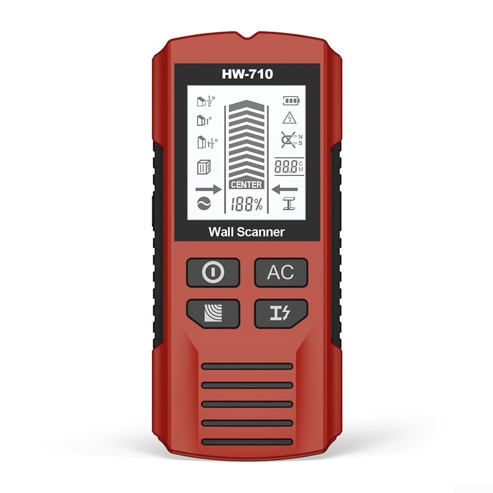 Handheld LCD Wall Scanner Metal Detector Stud Finder,6-in-1 Multi-Function Sensor for Wood AC Live Wire Detection at 0.5/1/1.5 Inch Depth,Compact Portable Tool for Home Renovation(Red)