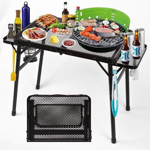Grovind 2.5 FT Picnic Table with 2 Wing Panels, Mesh Metal Folding Grill Table Height Adjustable & Lightweight & Portable Table for Outdoor Indoor Camping, Picnic, Beach and BBQ, RV
