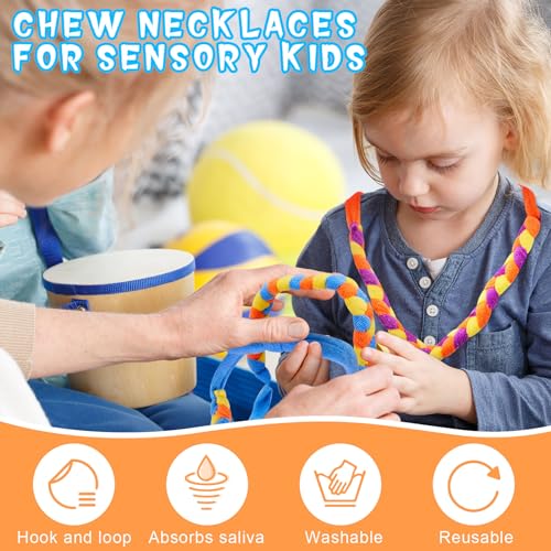 Image of Henoyso 12 Pack Sensory Chew Necklaces Kids Soft Terry Cloth Oral Motor Teething Toys for Boys Girls, Reusable Chewy Jewelry for Focusing & Calming(Rainbow Twist Style,Vivid Color)