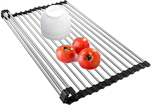 Genérico Escurreplatos Enrollable de Acero Inoxidable, Rejilla sobre Fregadero 52x32cm, Plegable con Silicona Alimentaria, Resistente al Calor 204°C, Antideslizante, Sin BPA, Negro y Plateado