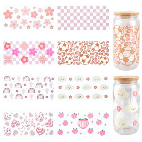 SOFPLATE 8Pcs 8 Styles Pink Cup Wrap UV DTF Cups Wraps Bulk Transparent Plastic Flower Peach Cloud Heart Rainbow Football Waterproof Decals Stickers for Glass Tumblers Wood Decoration DIY Crafts