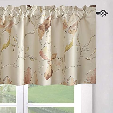 Leeva Window Curtain Valances for Kitchen, Brown Floral Print Rod Pocket Room Darkening Drapes Valance for Cafe Studio, 52X18, One Panel Cover