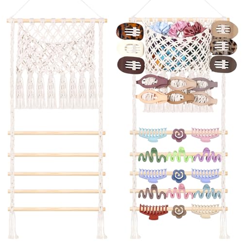 SNOWSTAR Macrame Hair Claw Clip Organizer Large Capacity Mesh Bag Scrunchies Holder and Hair Ties Organizer for Women Girls Hair Accessorie Hanging Storage Home Decor Wall Door